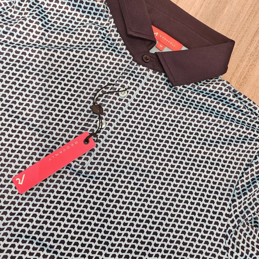 Redvanly Blake Polo Shirt Mens Medium Teal Blue Black Geometric‎ Athletic NWT